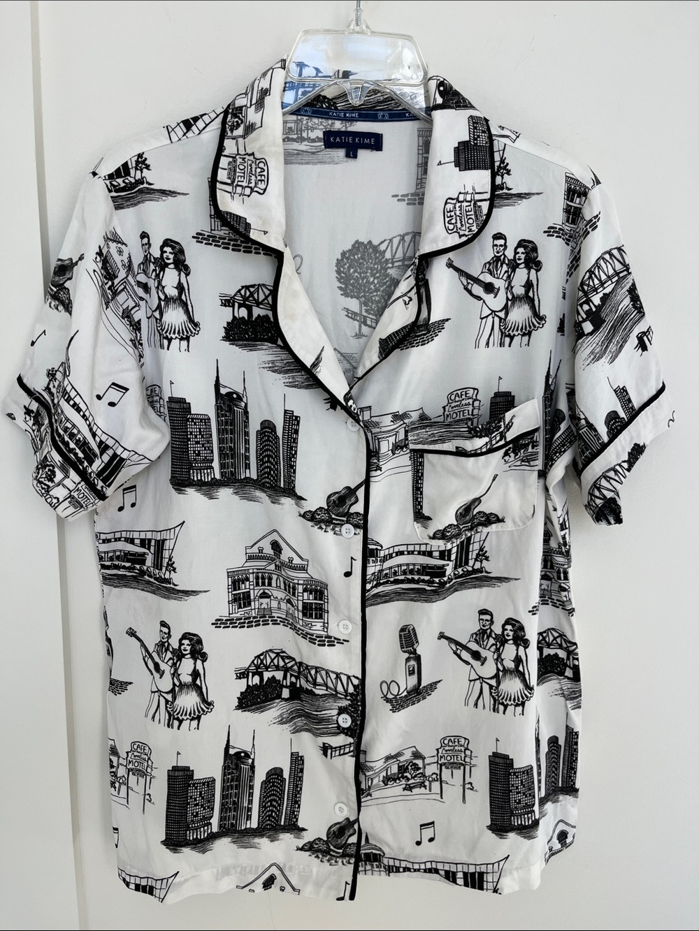 Katie Kime Nashville TN Print Short Sleeve Button Down Pajama Shirt Top
